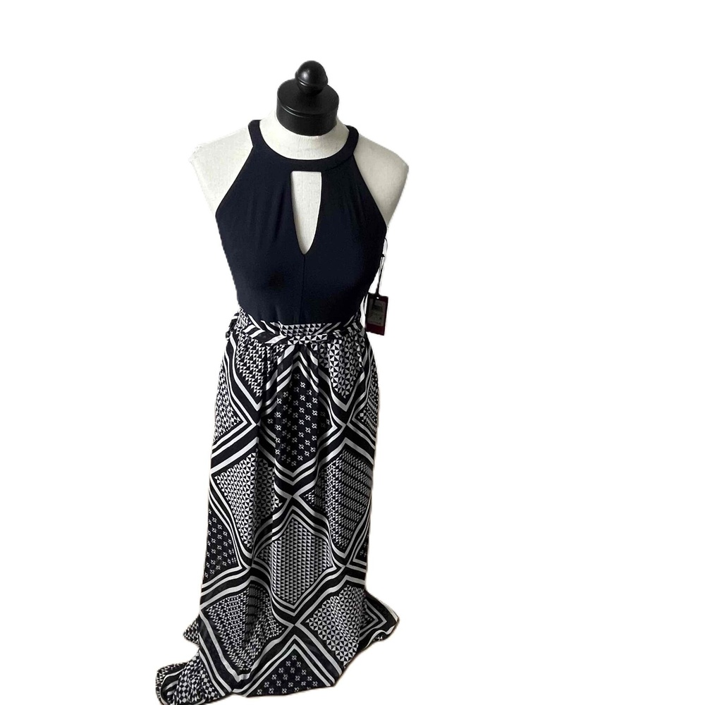 NWT Vince Camuto Navy‎ Blue White Geometric Sleeveless Cut Out Maxi Dress 4
